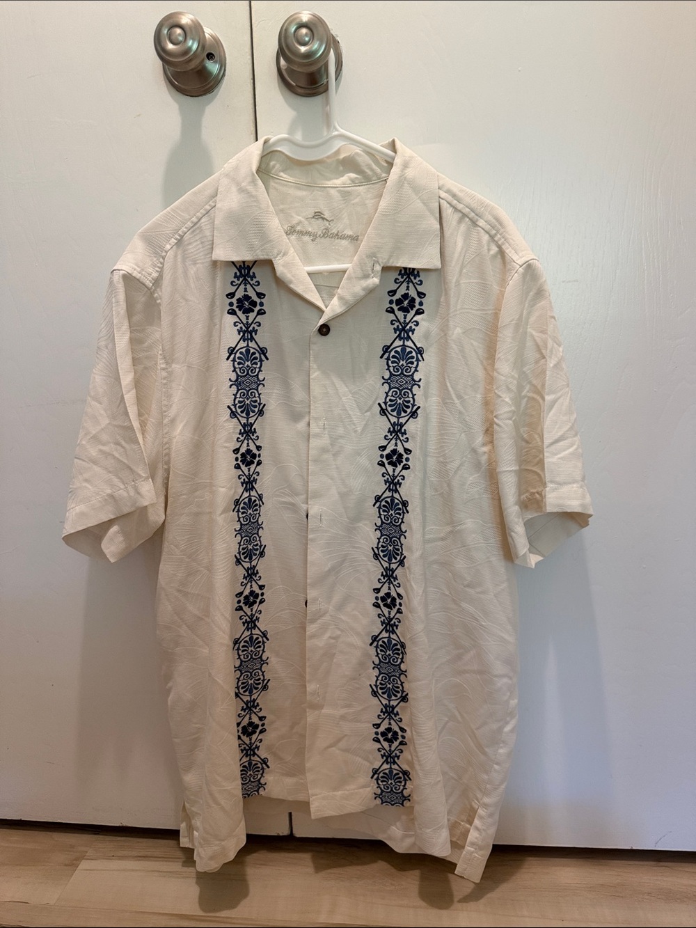 Tommy Bahama Cream Short-Sleeve Button-Down Shirt with Navy Embroidered Panels
